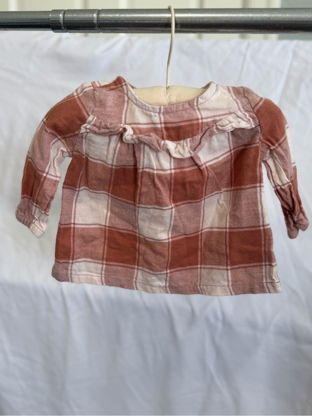 0-3m Rust Plaid Long-Sleeve Top with Ruffle